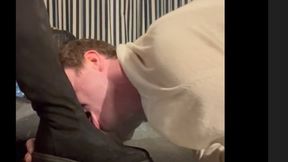 The slave licks the cum from my date and cleans my boots then I knock him out with my feet