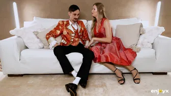 Stella Cardo's Stockings Cling to Her Shaved Pussy as She Services Stephan's Cock