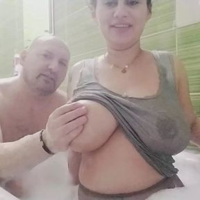 Sexy ass big tits  wet pantyhose and shirt touched in the bath