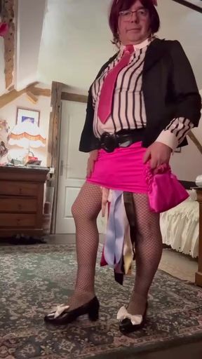 Dressed in a bright pink mini skirt for a night out