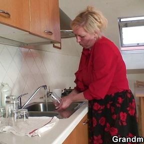 Two repairmen fuck big tits old grandma