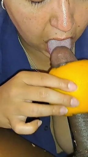 Licking Big Black Cock Helmet While Wanking Him With Grapefruit