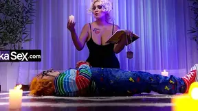 Thick dick husband pops wife's anus full of milk in Halloween parody