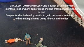 CRACKED TOOTH GIANTESS VORE a bunch of tinies invade giantess  lolas crunchy bag of chips and she cracks a wisdom tooth on one  Despeeate she finds a tiny dentist to go in her mouth He tricks her to into Eating him and Dump him out in the toilet