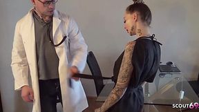 Inked German teen Leyla-Bones drilled by gyno doc