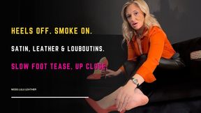 Kicking Off My Orange Louboutins After a Long Day – Leather Pants & Satin Blouse While Smoking 120s & Rubbing My Tired Feet on the Sofa – Feet Fetish Heaven - Miss Lulu Leather - MP4 HD