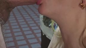 Natural MILF gives hotel blow job to hot young cock