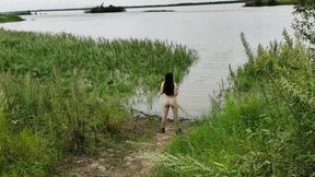She runs with a bare butt, shows her holes and goes out on the road without panties. Who lost his wife?