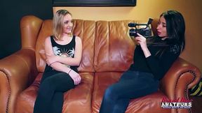 blonde ryann and brunette olyssia finger their twats and share a cock!