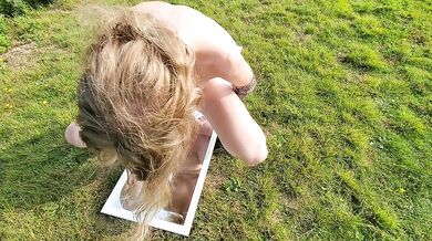 Horny Little Blonde Girl Fucks a Dildo on a Mirror Outside