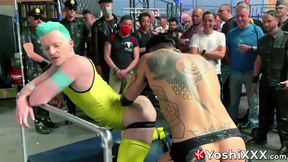 Axel Abysse endures while Yoshi Kawasaki uses massive dildos to fuck him in front of
