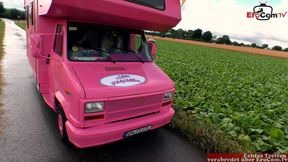 Brunette jogger with natural breasts picked up for sex in a camper van