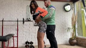 Coach stops exercising and instead stretches her craving pussy