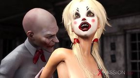 Man wearing a clown mask plays with a cute sexy blonde in the abandoned room