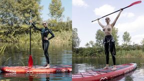 Katya paddle boarding in latex catsuit