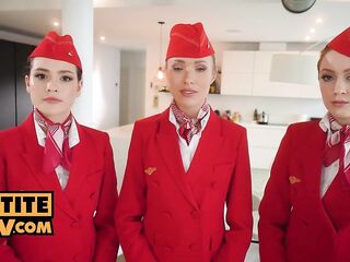 All gal air steward threesome turns fourway with Angelika Grays, Cherry Candle and Matty Mila Perez