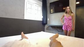 Stepsister gives sloppy POV blowjob and footjob