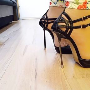 Crossdresser Walks in Sexy Black Leather Pointed Toe Charlotte Luxury High Heels Pumps