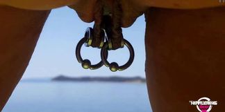 Nippplaying Mom Double Ring Extreme Piercings and Peeing at Beach