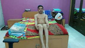 Cute sissy femboy sweet lollipop doing naked yoga on the bed after woke-up in the morning.