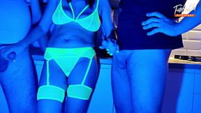 Slutty wife gets double penetration in hot neon-lit threesome, full XXX freakfest