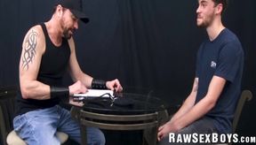 Big dicked stud Logan Carter uses his fat cock to throat fuck bottom Scott Bisset