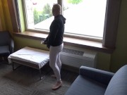 barefoot in leggings jerking off in cock sleeve at hotel window