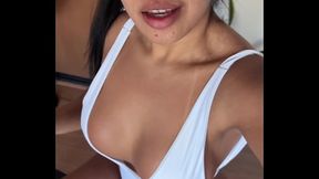Hotwife rides cock on her bike in a bikini
