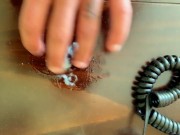 Amateur twink cums on a table and rubs his cum - Under balls view angle