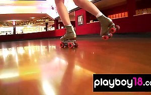 Badass skinny babes practicing to win a nude roller skate competition
