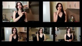 2-6 Tina is smoking all-white Winston cigarettes in the kitchen at home using matches (5 scenes) 4K resolution