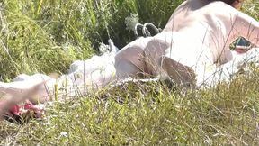 Wild beach Random guy passing by saw naked woman sexy mature Milf sunbathing on river bank Doggystyle Doggy style Butt Ass Pussy