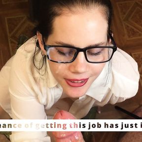 Boss Anna sucks and fucks on the desk during a home interview with an employee