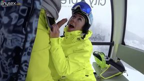 Pretty frisky petite snowboarder treats her BF with a blowjob while going on the cable car
