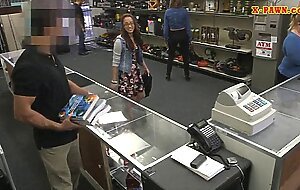Nerd student sells her books and her twat at the pawnshop