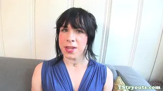 Casting Couch Amateur Brunette Tgirl Strips Teases and Jerks Cock