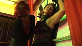 Mature Domme Clamps and Teases Bound Babe's Dripping Pussy