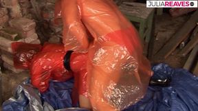 Fucking in the red full body plastic and loud moaning