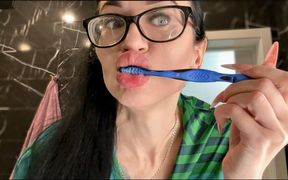 Brushing My Teeth, Silk Robe and Bra on Me, Glamour MILF with Glasses and Big Lips