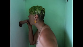 Cock sucking through gloryhole and swallow