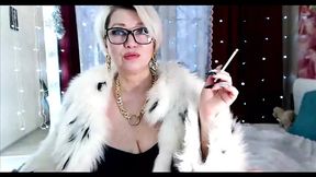 Sexy and pranks of a russian mature smoking bitch in a cool fur coat!