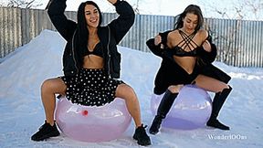 Girls sit pop huge crystal on the snow Full HD