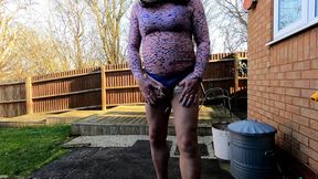 Crossdresser Kellycd masturbating outdoors, keeping an eye out for spying neighbours