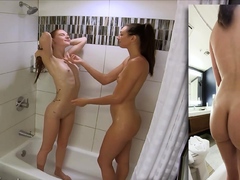 Brunette lesbian beauties in the shower