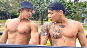 Who wants to see two muscular dudes working out in the park?