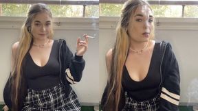 Cute black and white outfit, miniskirt, tight top, flirty smoking & natural light