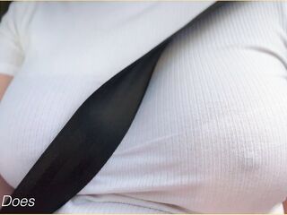 Wifey with flawless braless breasts flashing in the car
