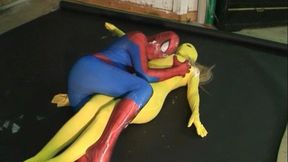 Fire Fly And Spider Man Bound Together In Goo, Exploding Orgasms