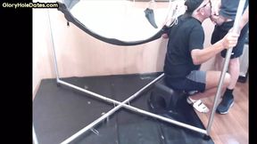 Barebacked bottom DILF fucked in sling after cocksucking