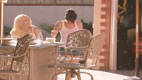 Lesbians in Heat Scene-1_trio of Lesbian Goddesses Sharing a Double Dildo in the Backyard